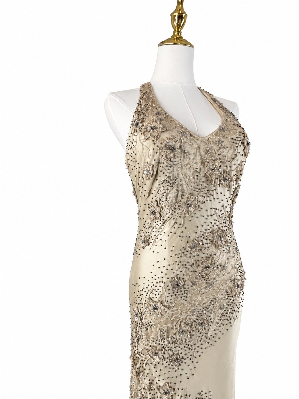 Vintage 2005 Sue Wong Nocturne Silk Beaded Halter Gown Champagne Size 4 - Picture 4 of 10